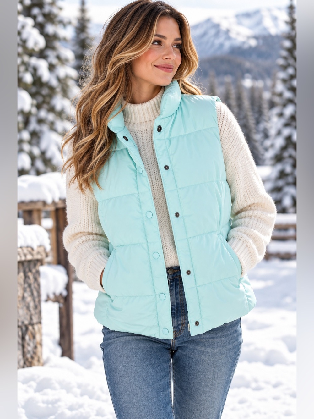 EUC Lands' End Down Filled Puffer Vest Women's Large Snap Outerwear